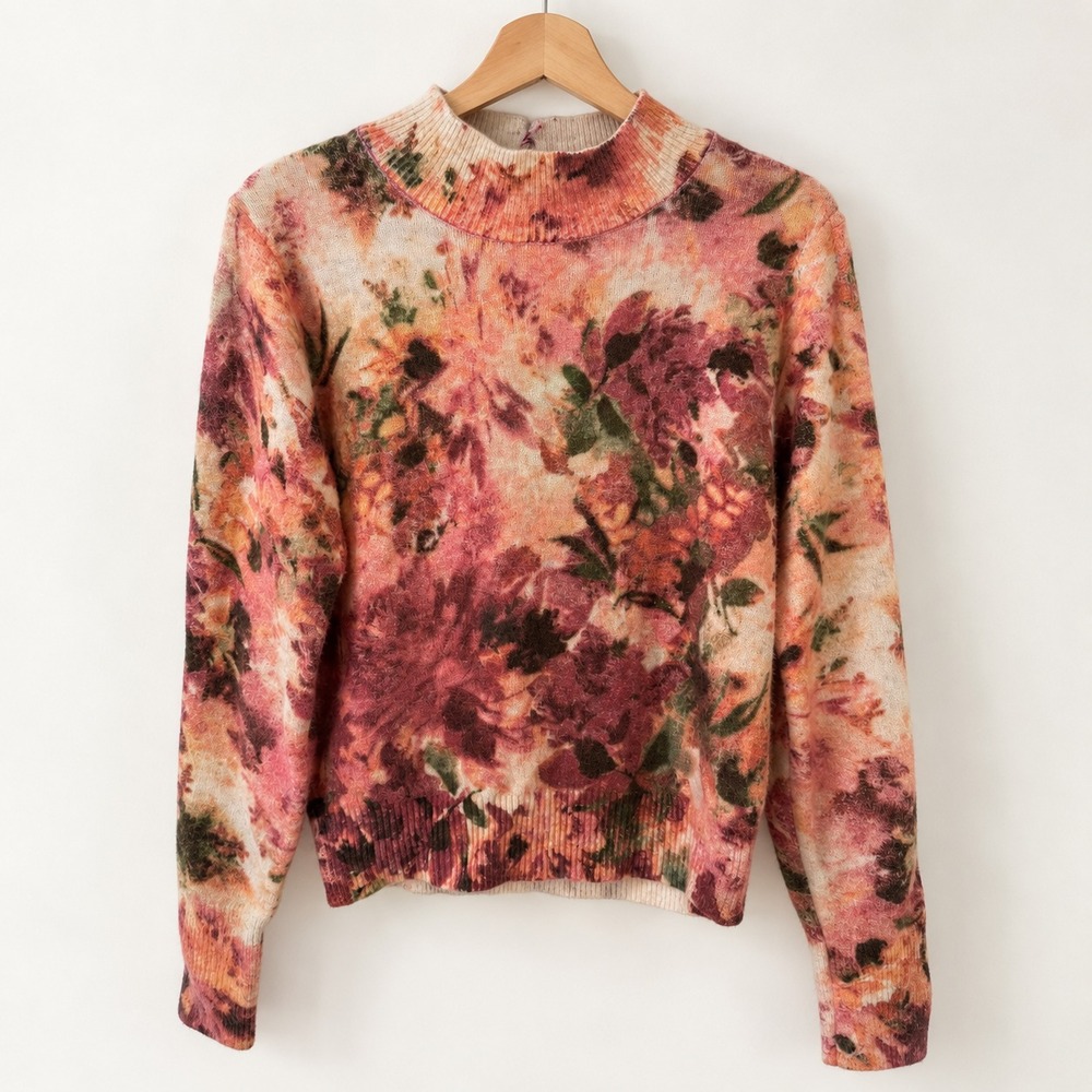 Kachel Womens XS Anthropologie Mock Neck Floral Open Back Sweater Pink Knit Top